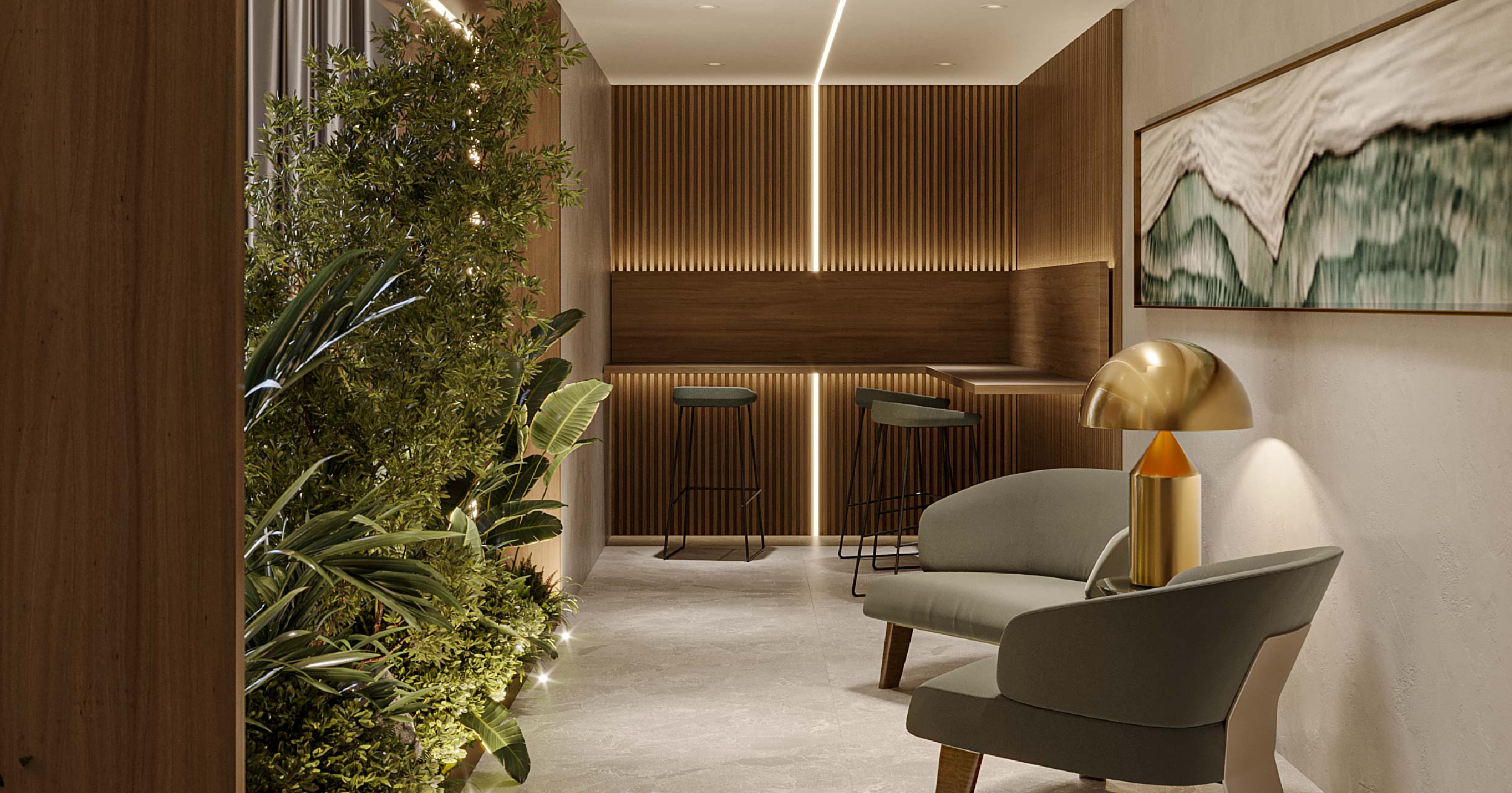 Westwood By Imtiaz A stylish interior featuring a cozy chair, greenery, a modern lamp, and wooden accents on the walls.